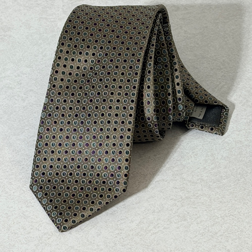Canali 1934 Mens Silk Tie Olive Green Purple Geometric Circle Pattern Italy Lux